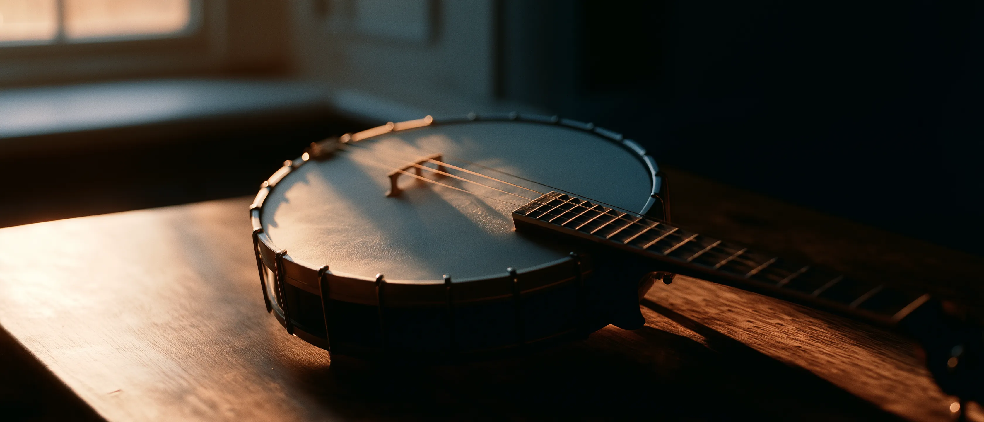 An Irish tenor banjo resting on a worn pub table in late afternoon light
